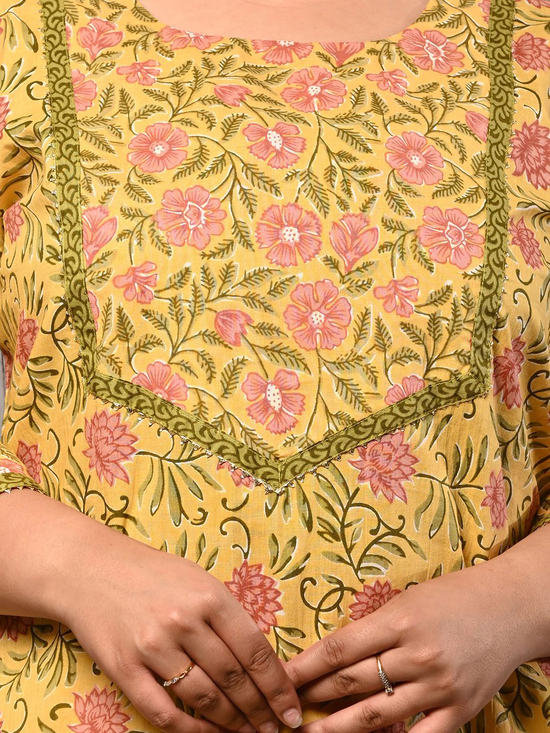Swasti Women Yellow Floral Printed Flared Sleeves Thread Work Floral Kurta