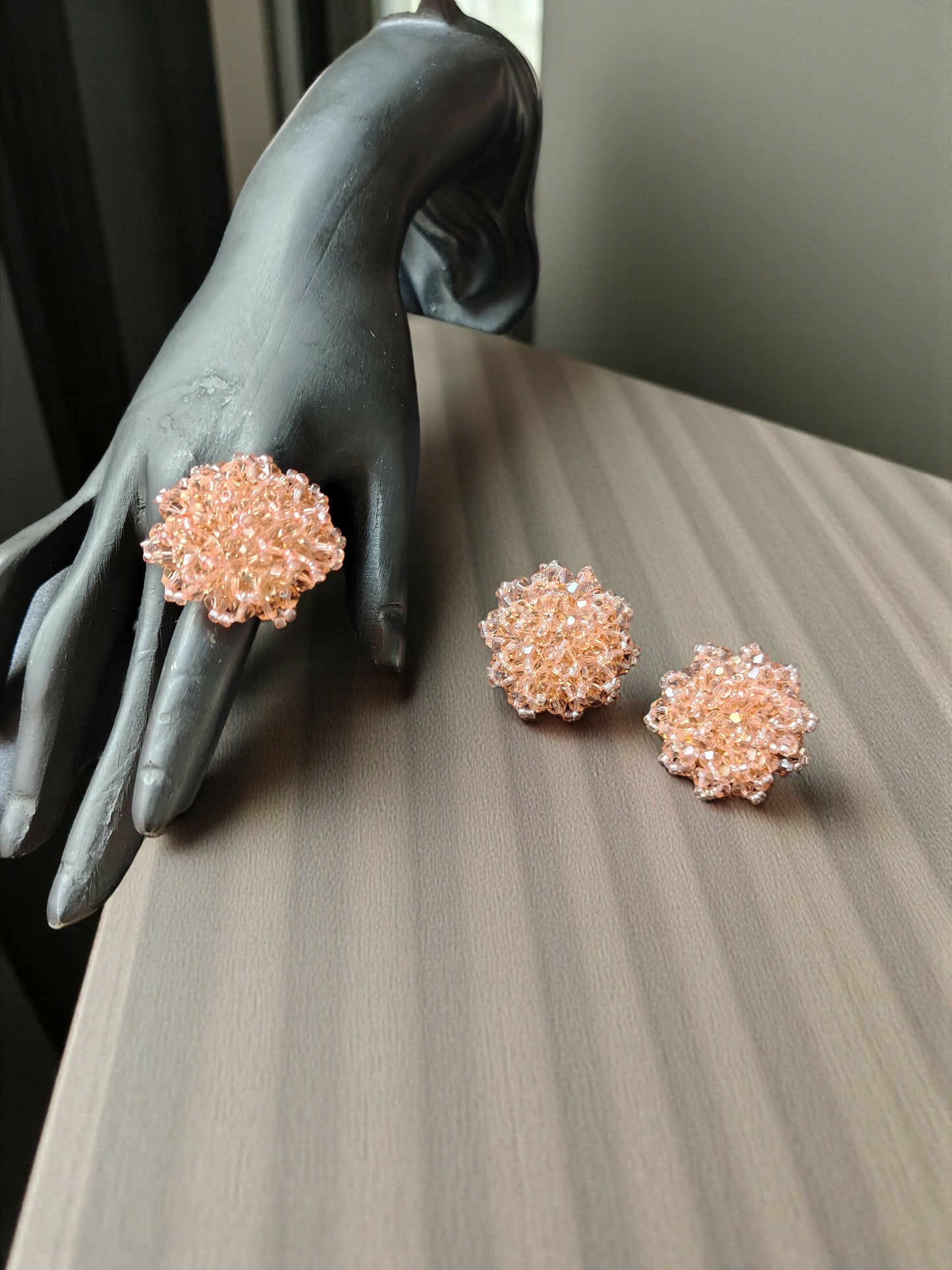 Inhanns Rangmani Crystal Duo – Adjustable Ring + Statement Earrings Set - Peach - Distacart