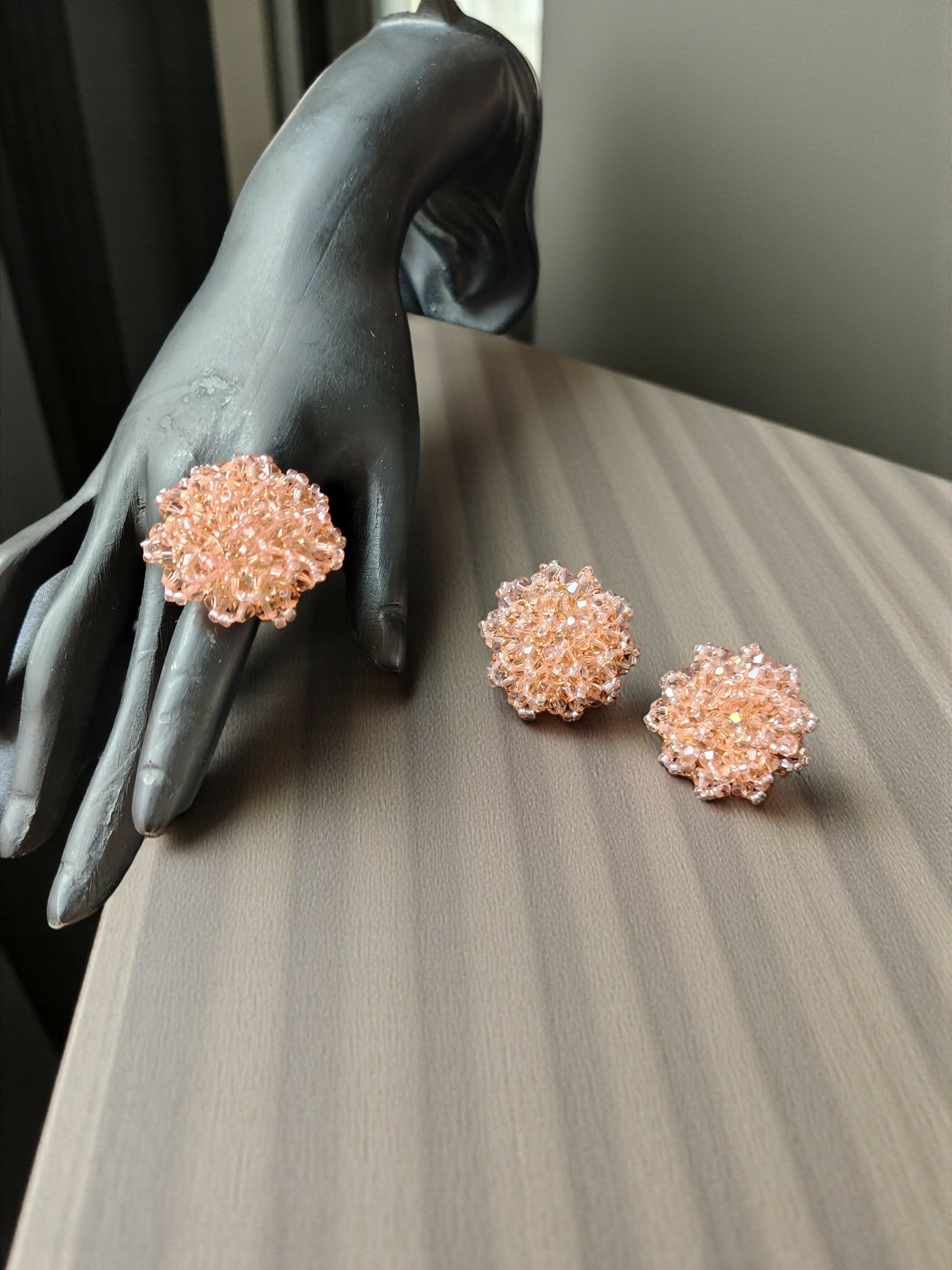 Inhanns Rangmani Crystal Duo – Adjustable Ring + Statement Earrings Set - Peach - Distacart