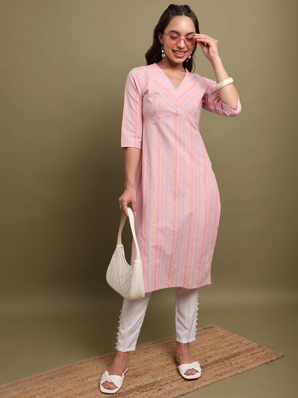 Vishudh Striped V-Neck Cotton Kurta