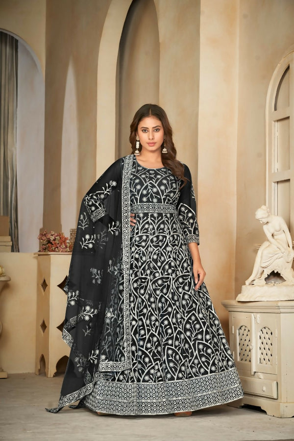 Jyoti Fashion Women's Black Net Embroidered Anarkali Kurta Pant Set With Dupatta - Distacart