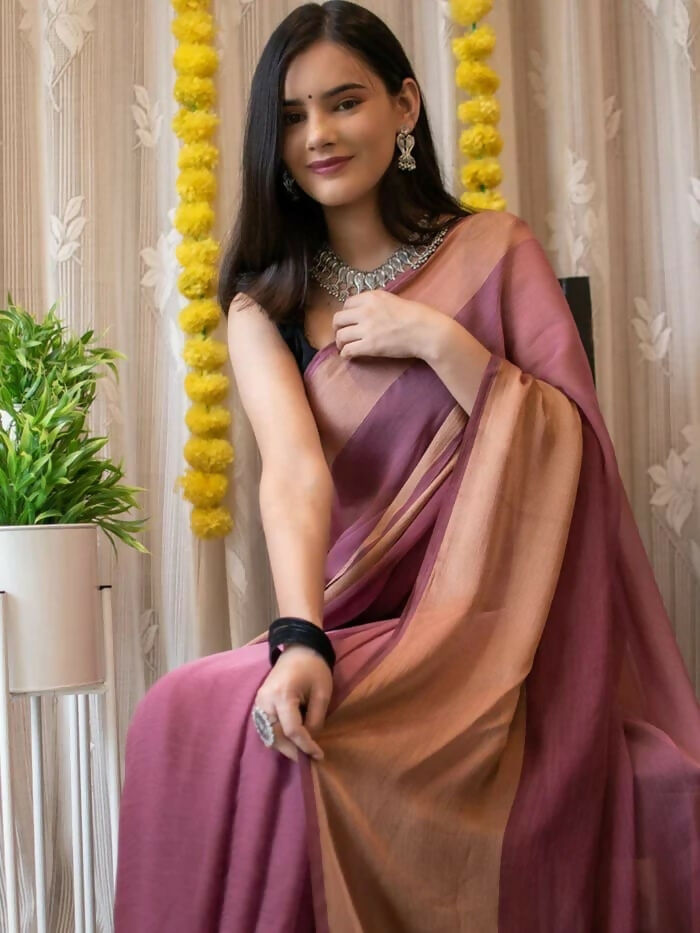 Malishka Chiffon Woven Boarder Ready To Wear Saree With Blouse Piece - Purple - Distacart