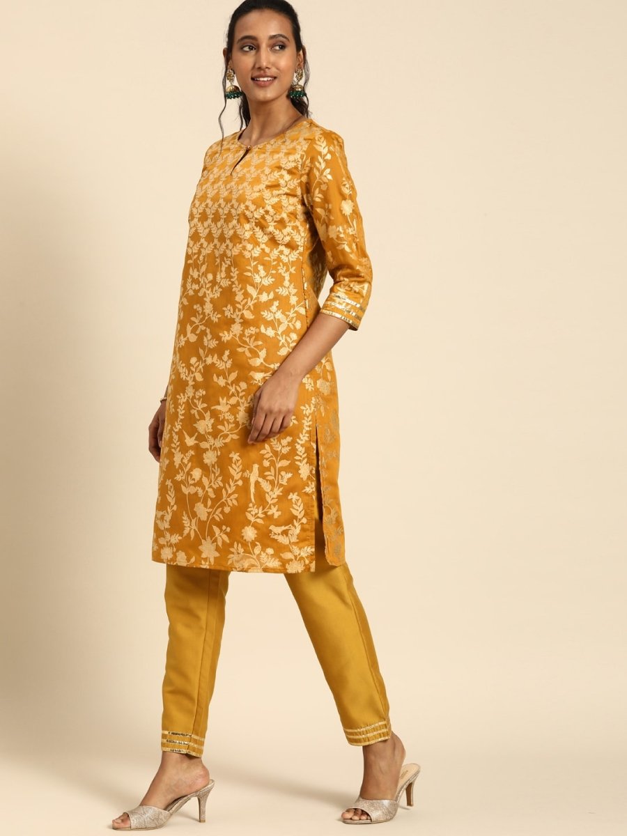 All About You Women Mustard Yellow Ethnic Motifs Printed Regular Kurta with Trousers - Distacart
