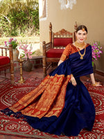 Thumbnail for Anouk Blue & Red Solid Zari Chanderi Saree - Distacart
