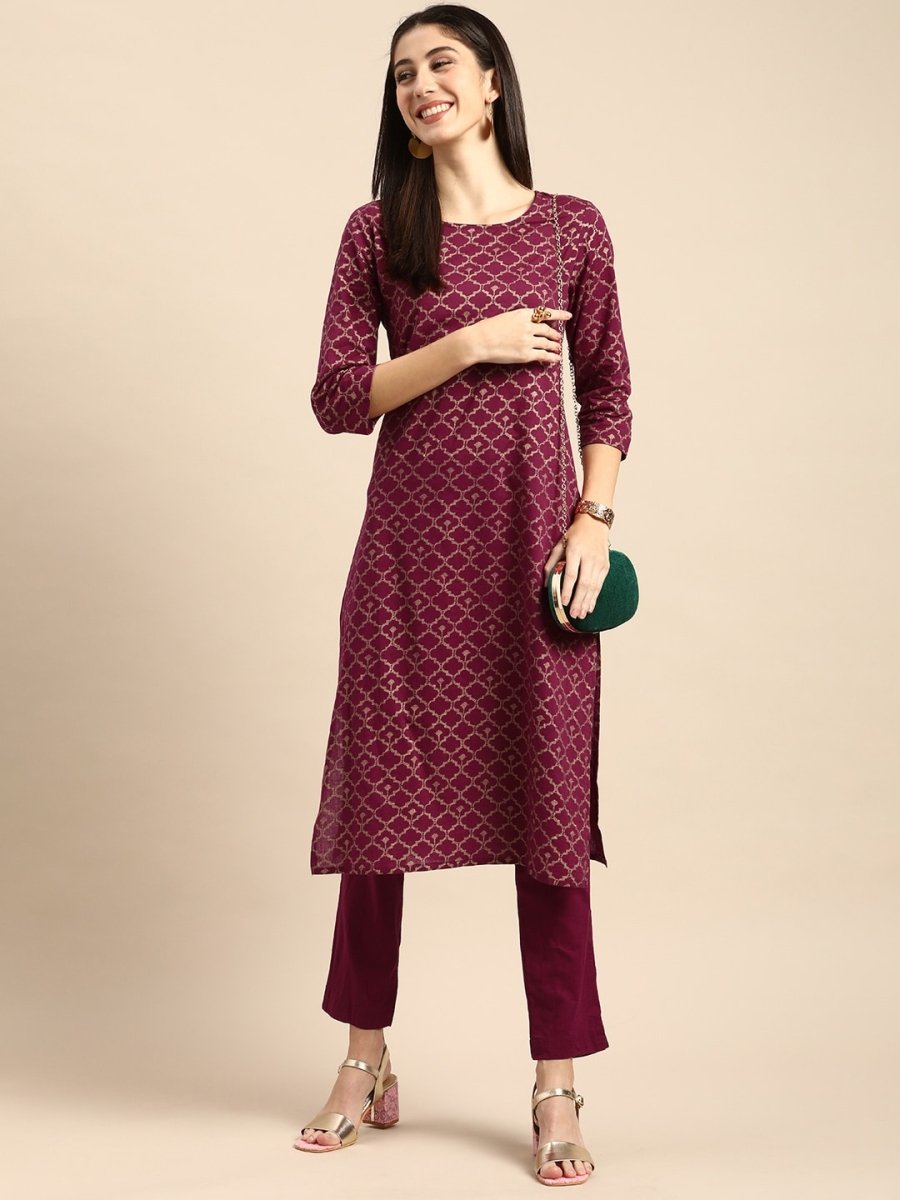 All About You Women Maroon Woven Design Pure Cotton Kurta with Trousers - Distacart