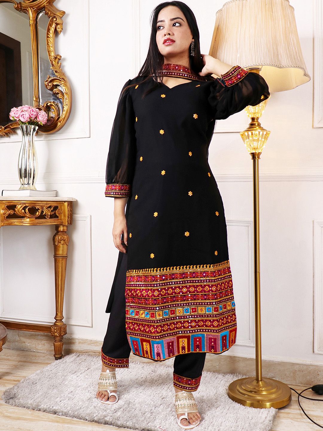 Kalini Ethnic Motifs Embroidered Regular Sequinned Kurta with Trousers & Dupatta - Distacart