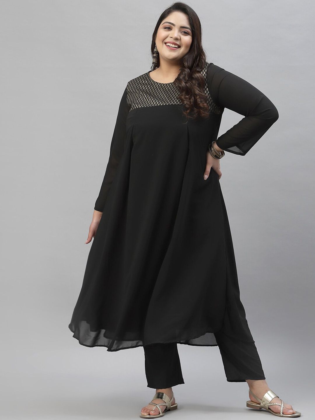 Sztori Plus Size Ethnic Motif Foil Printed Straight Georgette Kurta with Trousers - Distacart