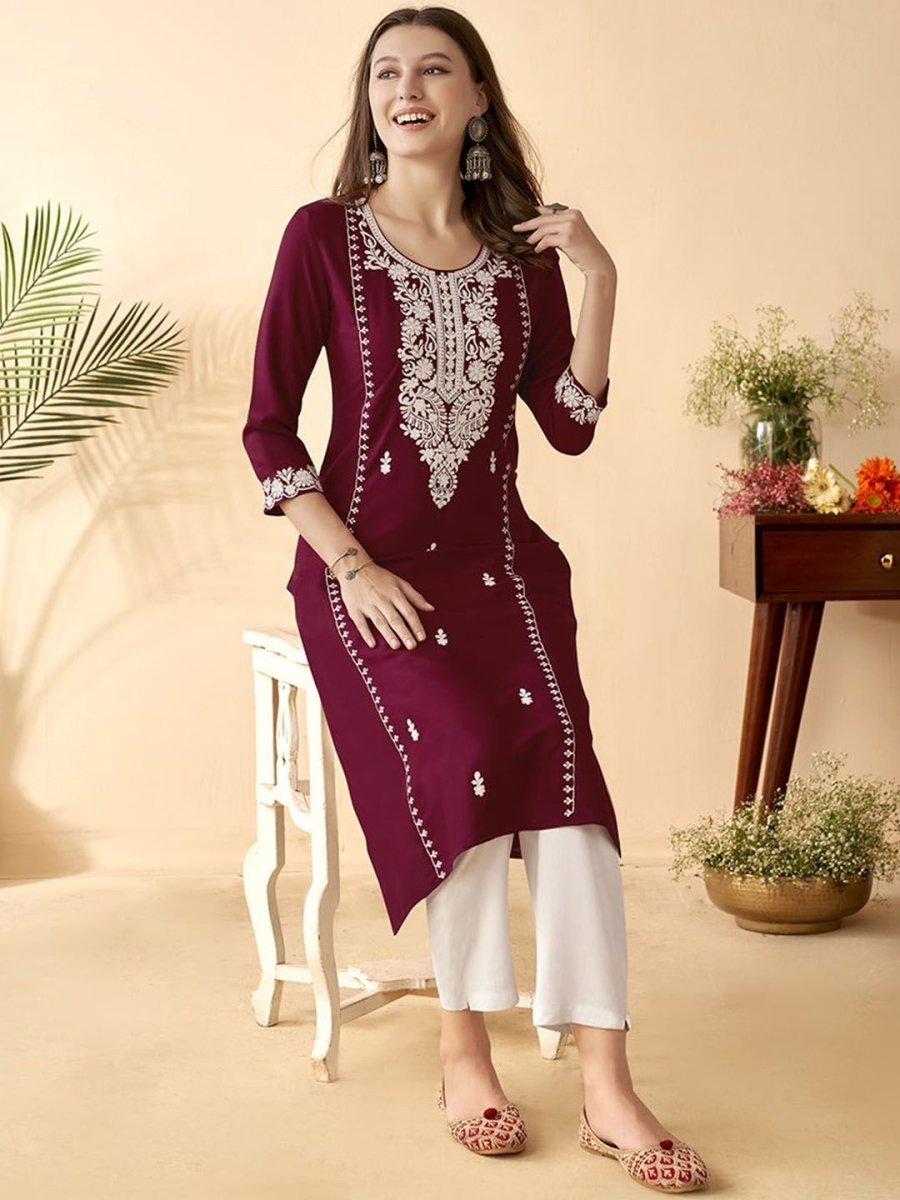 Anouk Maroon Ethnic Motifs Embroidered Round Neck Thread Work Straight Kurta