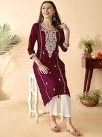 Thumbnail for Anouk Maroon Ethnic Motifs Embroidered Round Neck Thread Work Straight Kurta