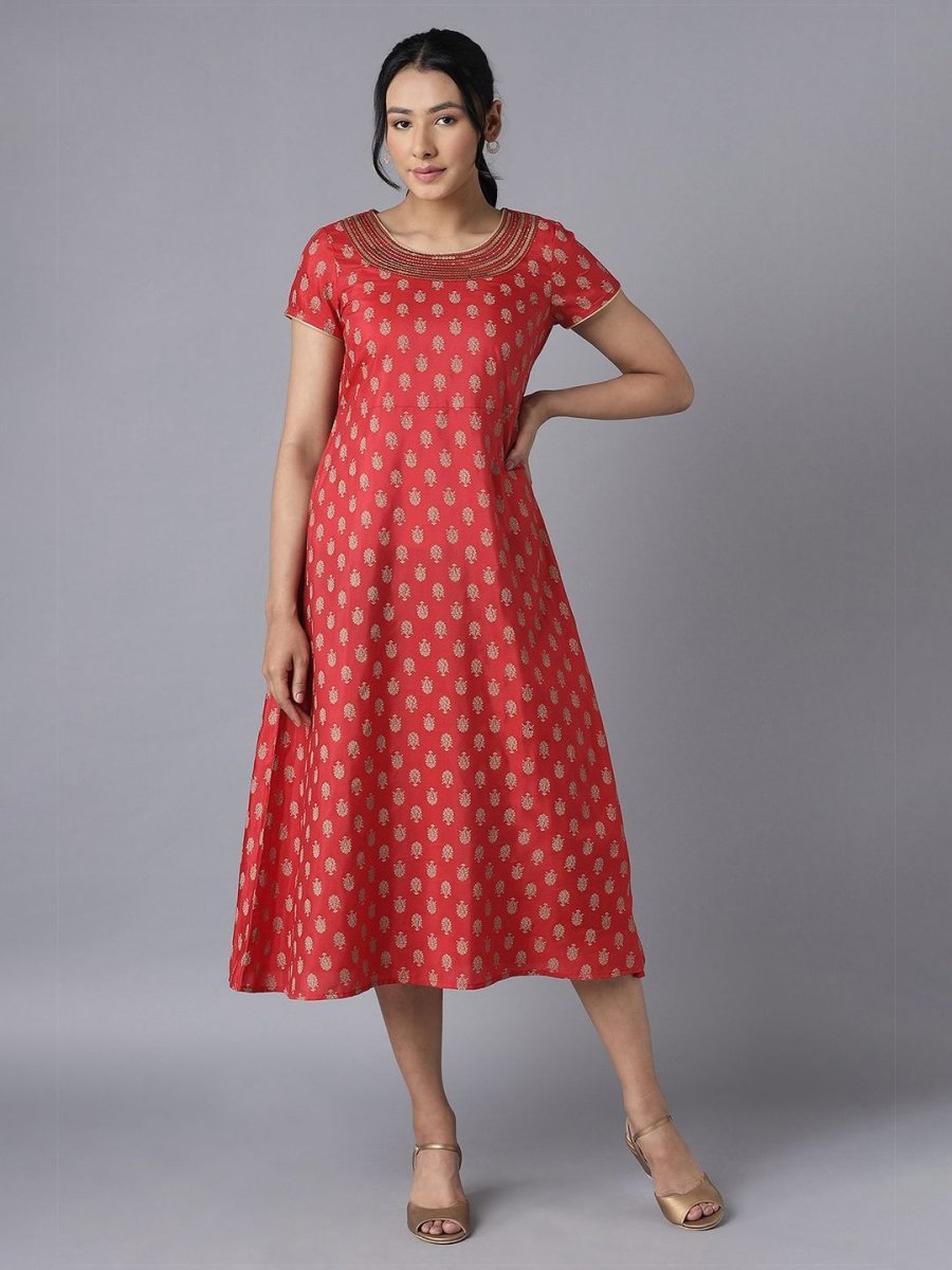 AURELIA Red Ethnic Motifs A-Line Midi Dress - Distacart