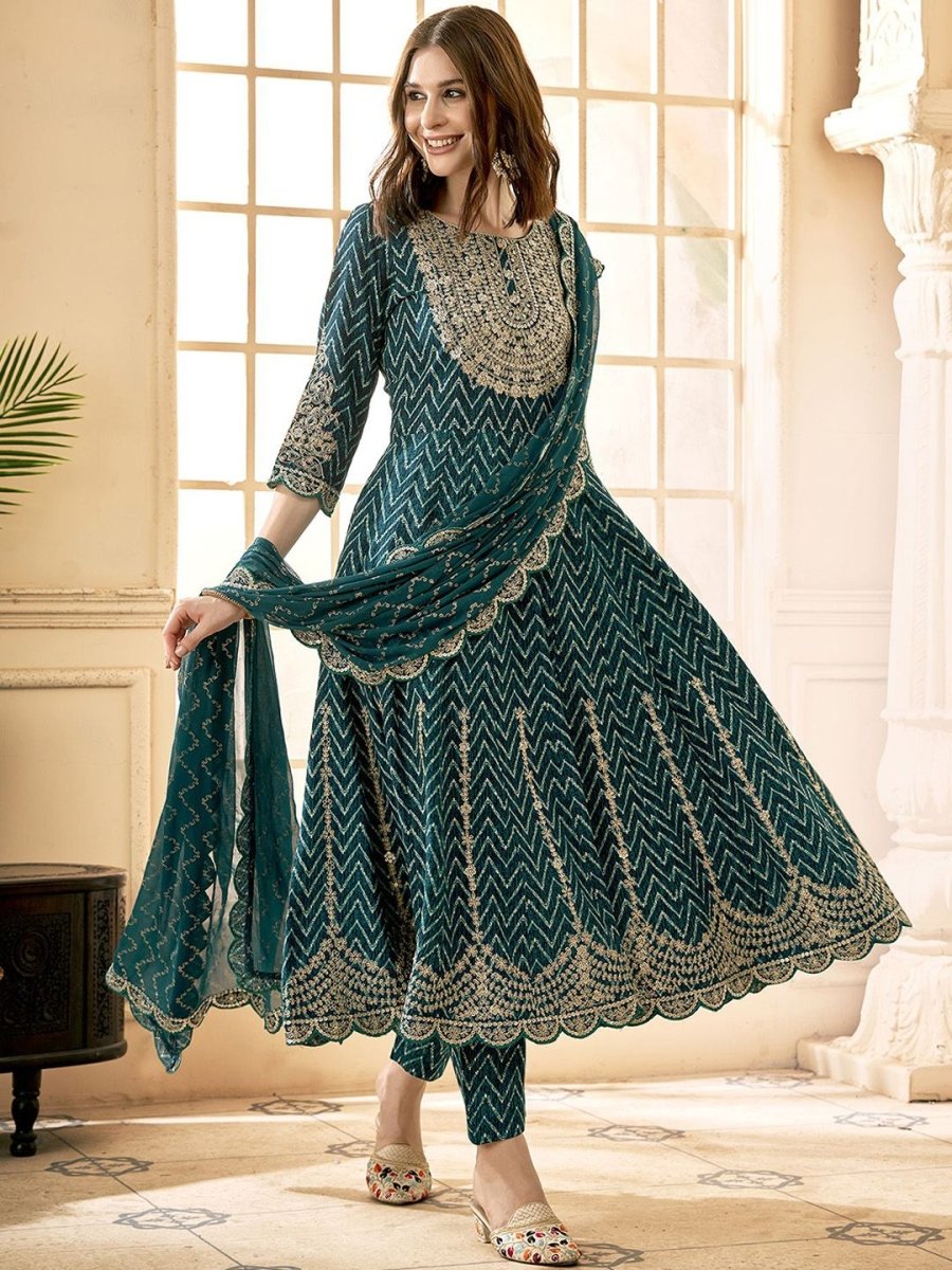Anouk Embroidered Empire Thread Work Kurta With Trousers & Dupatta - Distacart