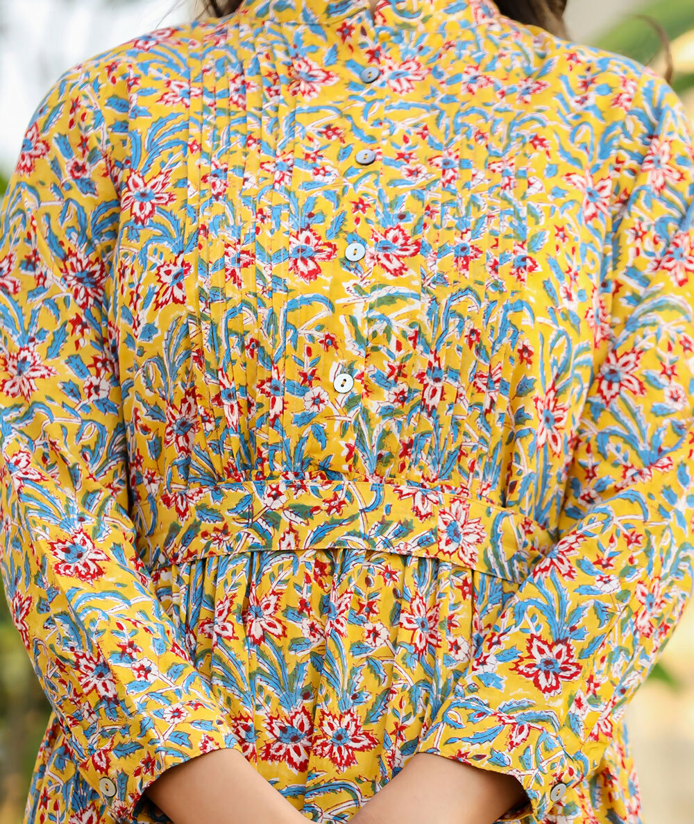 Kaajh Women's Yellow Floral Handblock Print Cotton Dress - Distacart