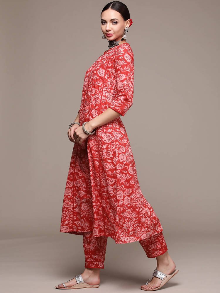 Anubhutee Red Floral Printed Pure Cotton Kurta with Trousers & With Dupatta - Distacart
