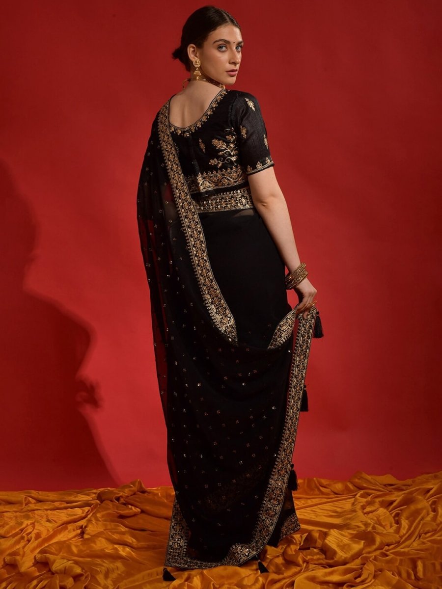 Anouk Black & Gold-Toned Floral Embroidered Pure Georgette Saree - Distacart