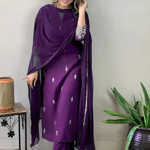 Kalini Floral Embroidered Thread Work Kurta With Trousers & Dupatta - Distacart