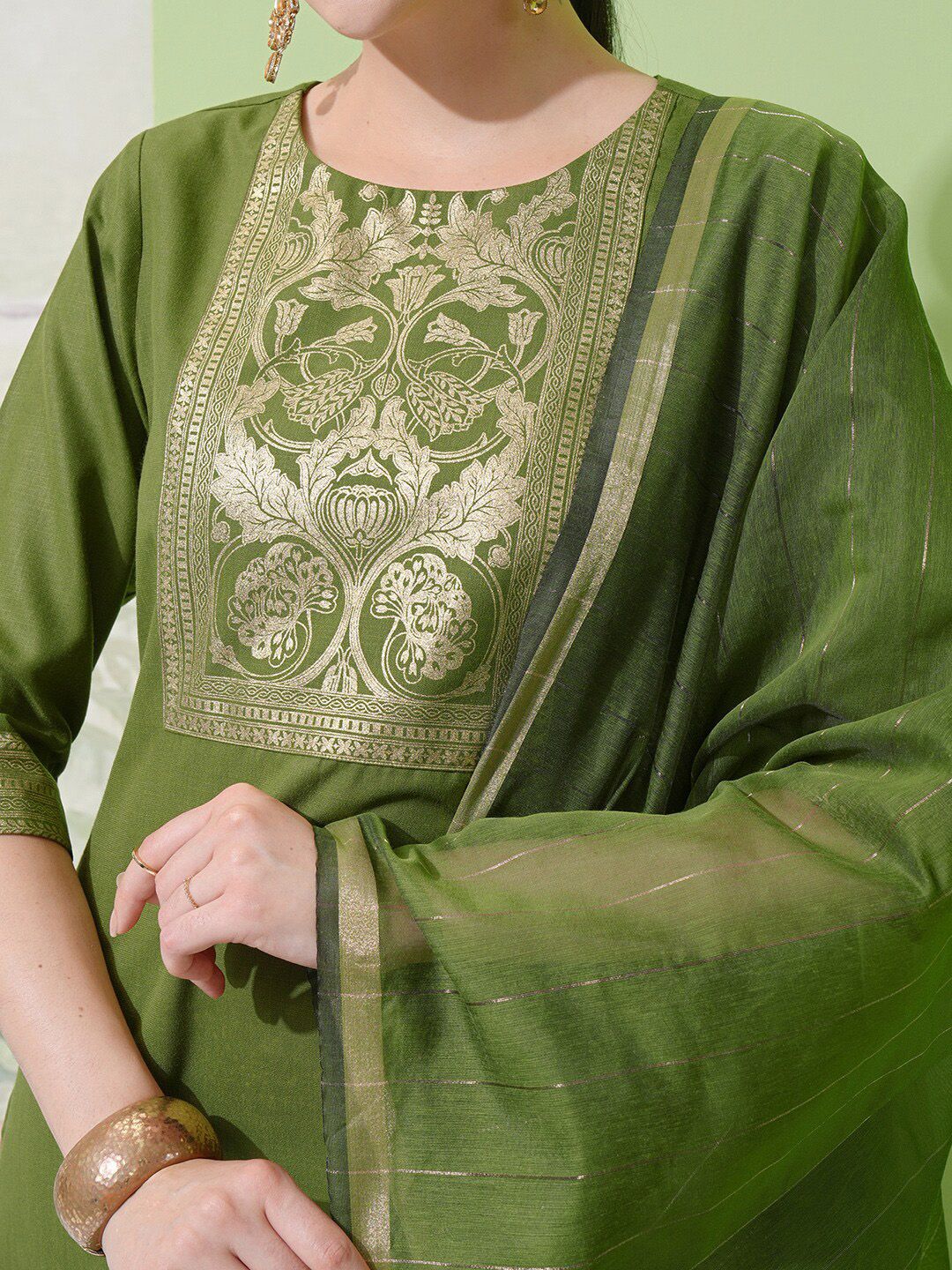Vishudh Green Ethnic Motifs Yoke Design Zari Straight Kurta With Trousers & Dupatta - Distacart