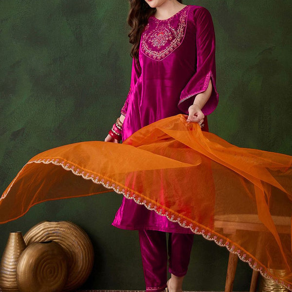 Sangria Embroidered Velvet Kurta & Trousers with Dupatta - Distacart