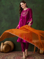 Thumbnail for Sangria Embroidered Velvet Kurta & Trousers with Dupatta