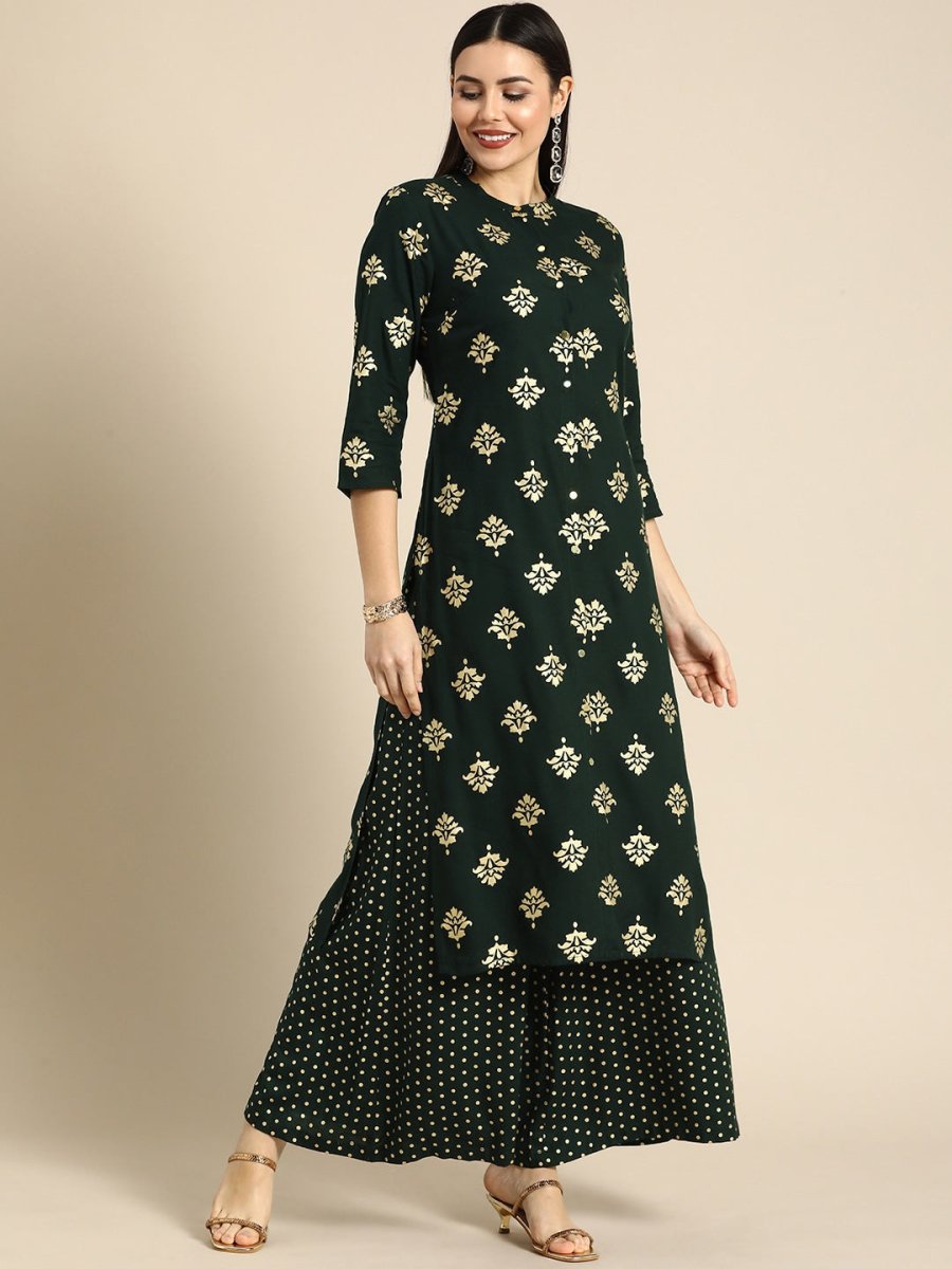 All About You Women Green & Gold-toned Ethnic Motifs Printed Kurta with Palazzos - Distacart