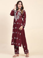 Thumbnail for HOUSE OF KARI Floral Embroidered Chikankari Pure Cotton Straight Kurta With Trousers - Distacart