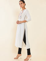 Thumbnail for Soch White Floral Embroidered Pleated Kurta - Distacart