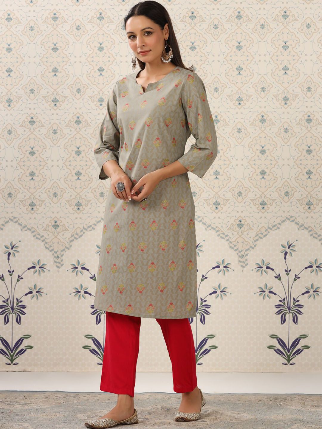 Ode by House of Pataudi Grey & Red Floral Printed Notched Neck Kurta With Palazzos - Distacart