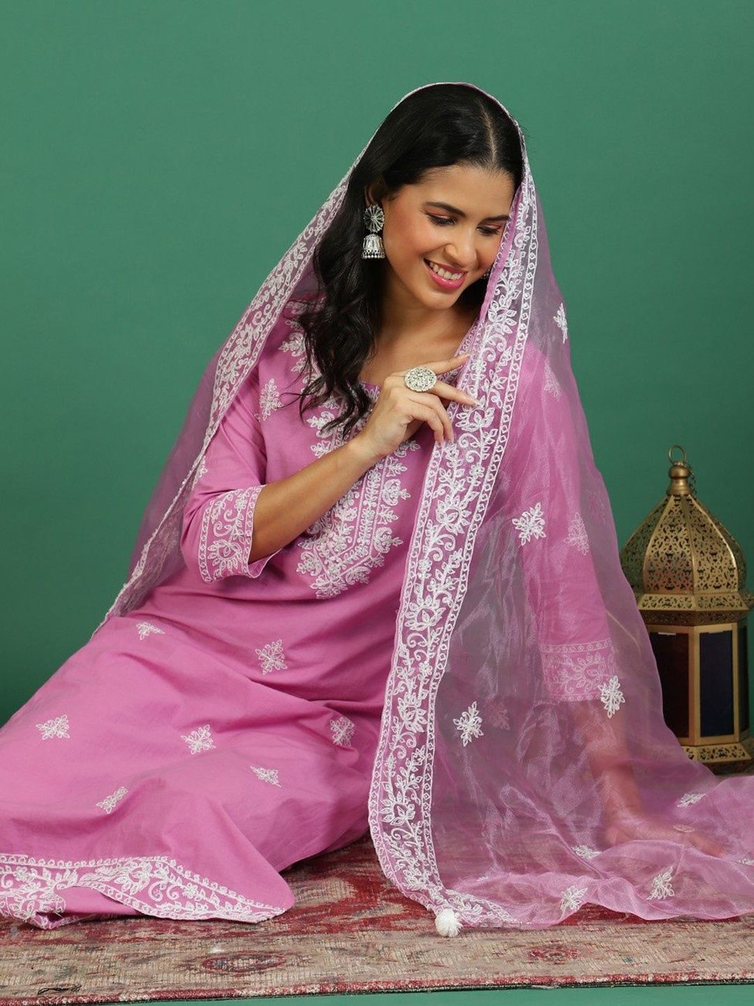 Sangria Embroidered Pure Cotton Round- Neck Kurta & Trousers With Dupatta - Distacart