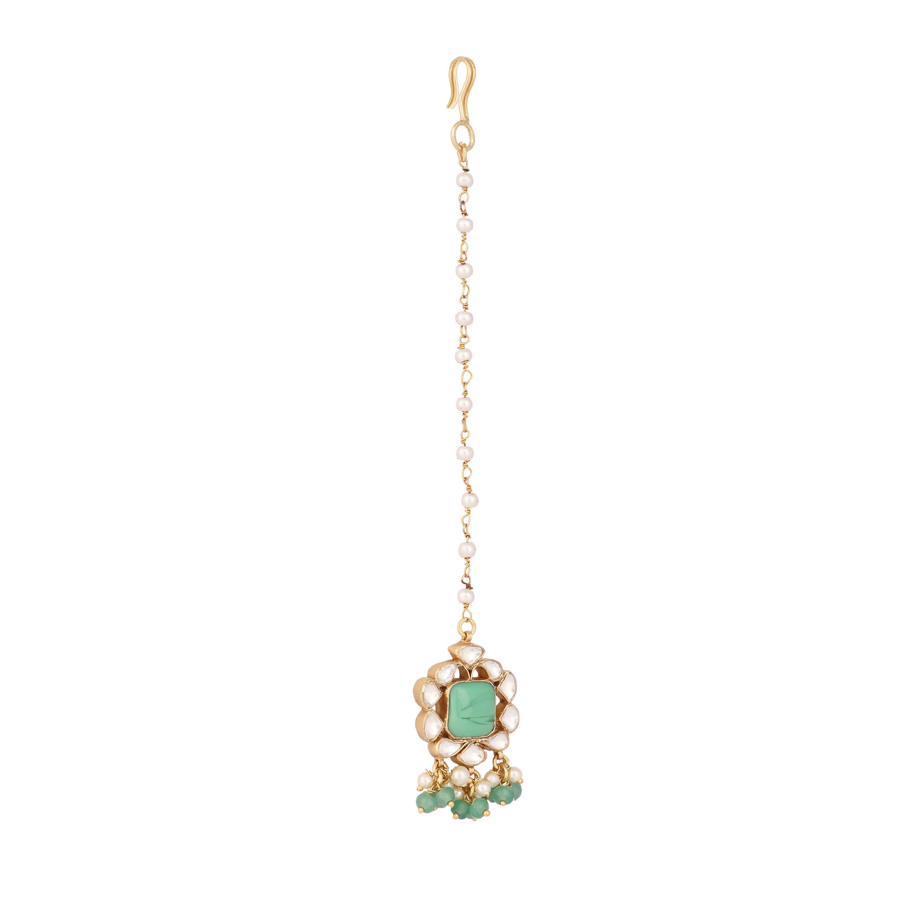 Nuyug 22K Gold-Plated Kundan & Green Stone Embellished Maang Tikka Head Jewellery