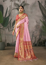 Thumbnail for Vishnu Weaves Women's Baby-Pink Paithani Silk Saree with Blouse - Distacart