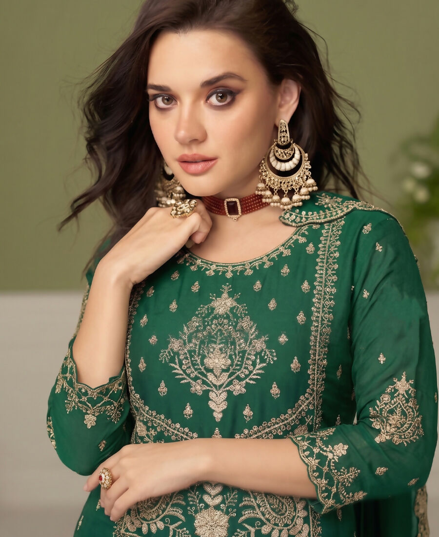 KC Green Wedding Wear Embroidered Crush Silk Salwar Suit - Dista
