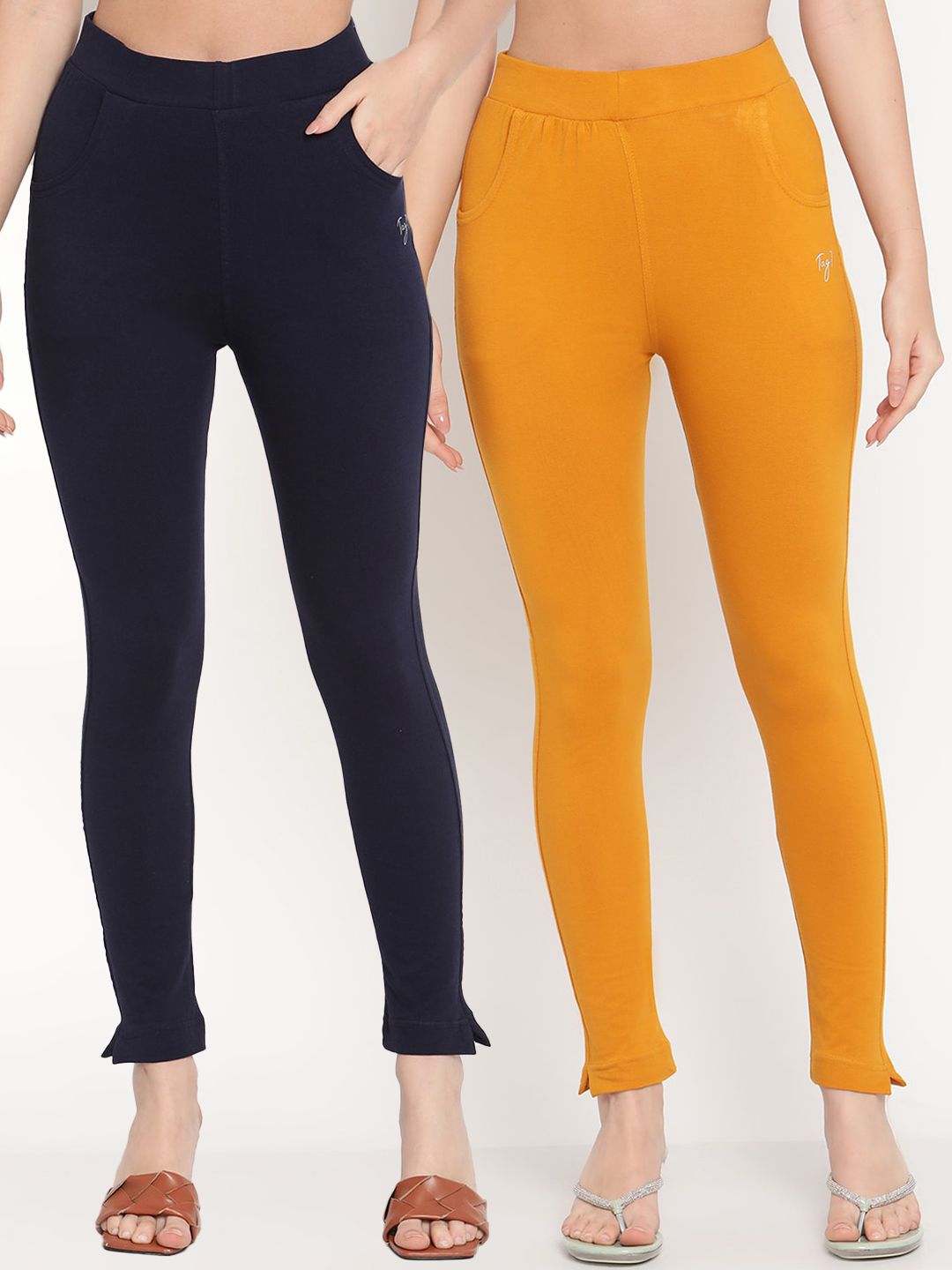 TAG 7 Women Navy Blue & Mustard Yellow Pack of 2 Straight Fit Ankle-Length Leggings - Distacart