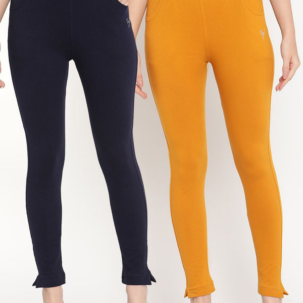 TAG 7 Women Navy Blue & Mustard Yellow Pack of 2 Straight Fit Ankle-Length Leggings - Distacart