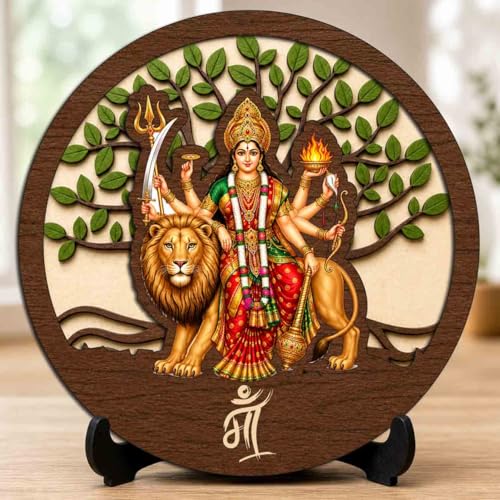 Sherawali MATA Wooden Idol with Stand for Home Temple, Puja Room, Office Desk & Indoor Mandir Decor - 5x5 Inch