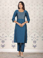 Thumbnail for Ode by House of Pataudi Blue Round Neck Embroidered Straight Kurta With Trouser - Distacart
