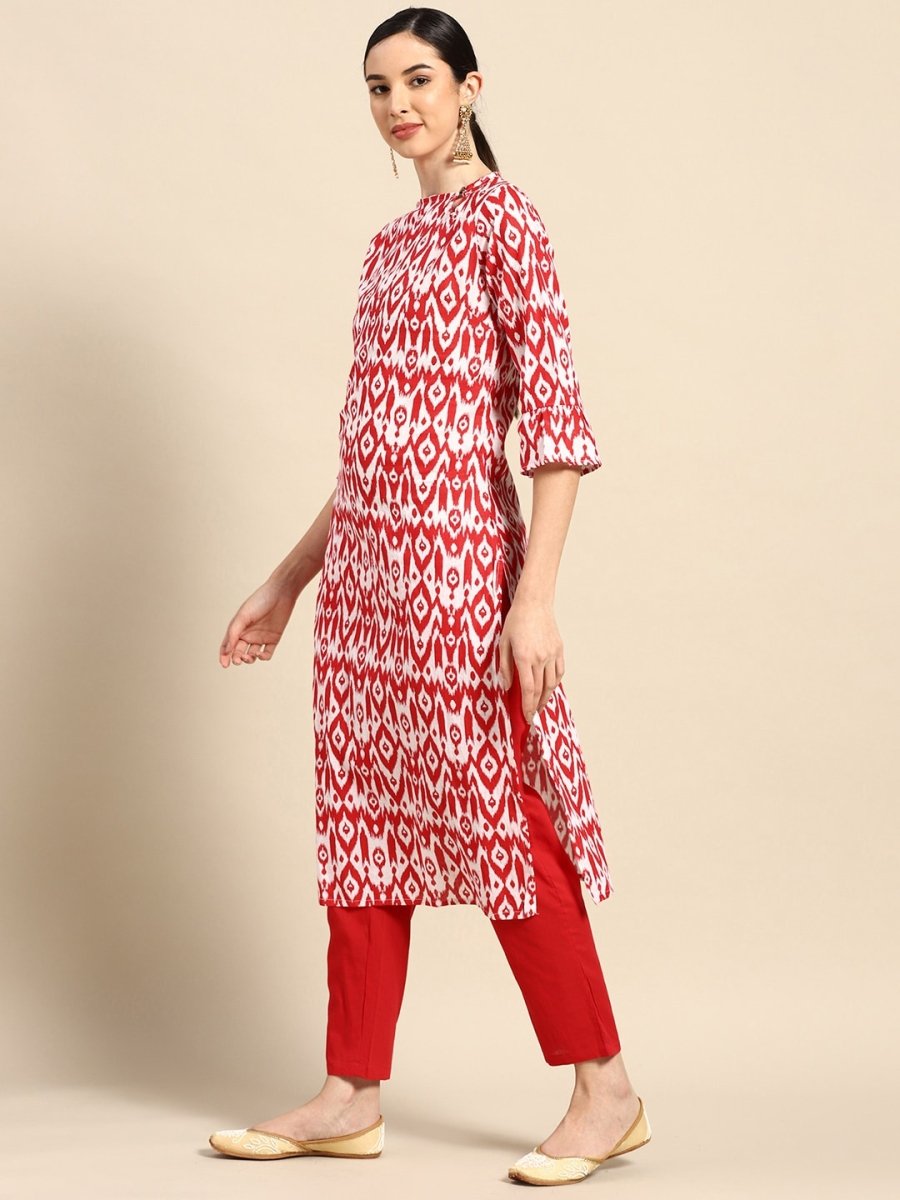 Anouk Women Red & White Ethnic Printed Pure Cotton Kurta with Trousers - Distacart