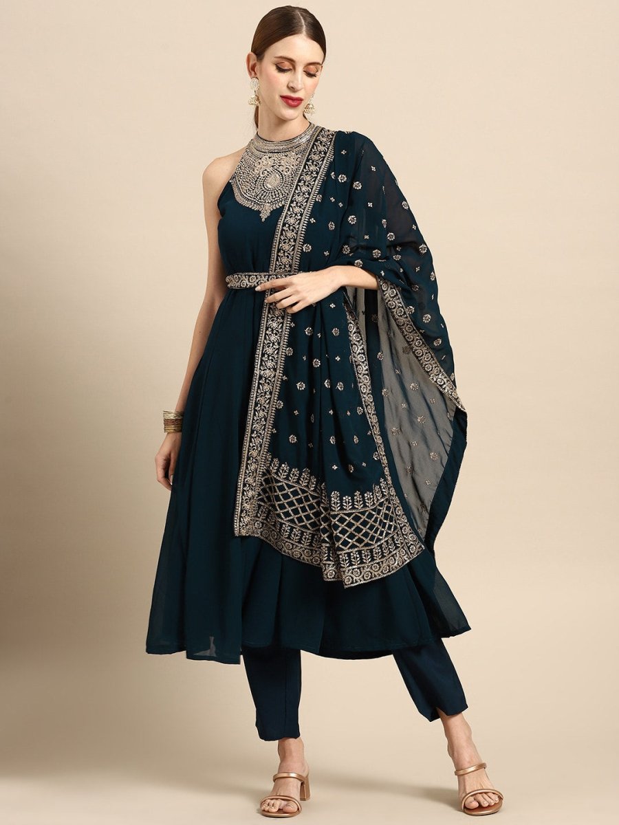 Anouk Women Teal Blue Ethnic Motifs Embroidered Kurta with Trousers & Dupatta - Distacart