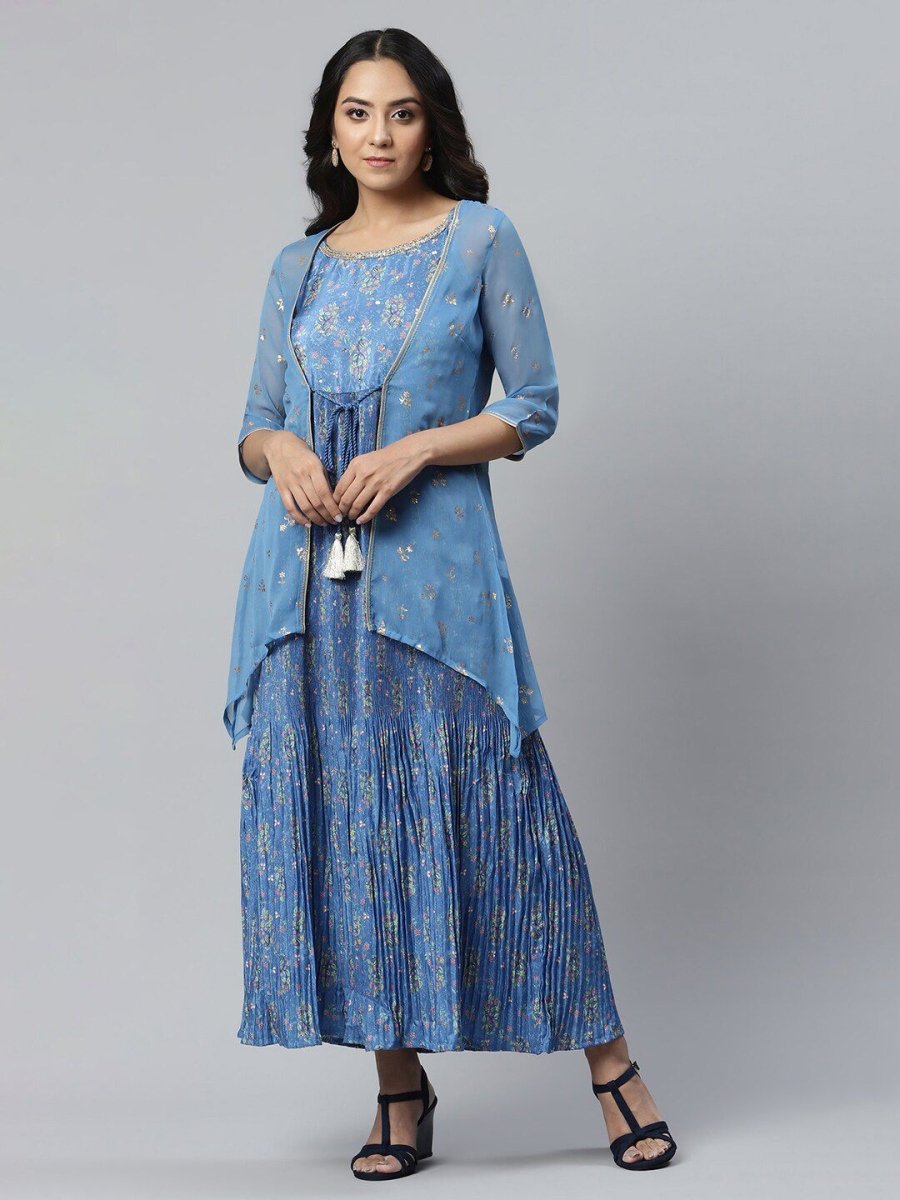 AURELIA Blue Ethnic Motifs Printed Layered Maxi Dress - Distacart
