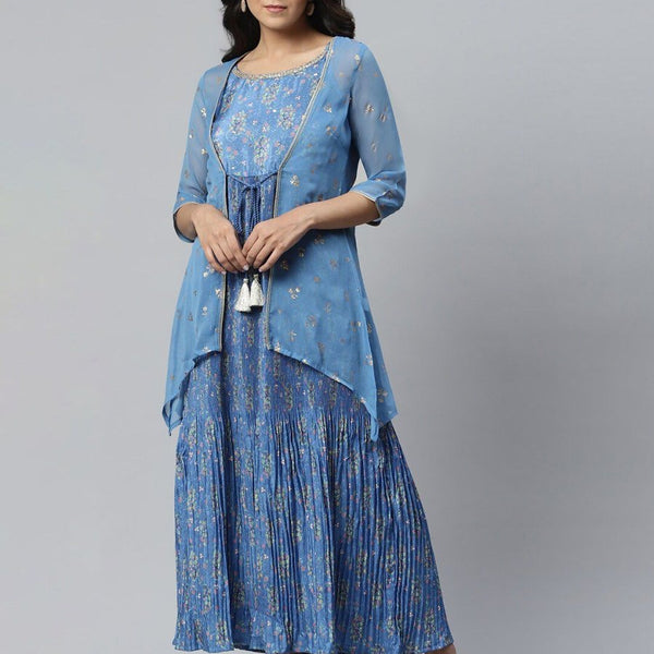 AURELIA Blue Ethnic Motifs Printed Layered Maxi Dress - Distacart