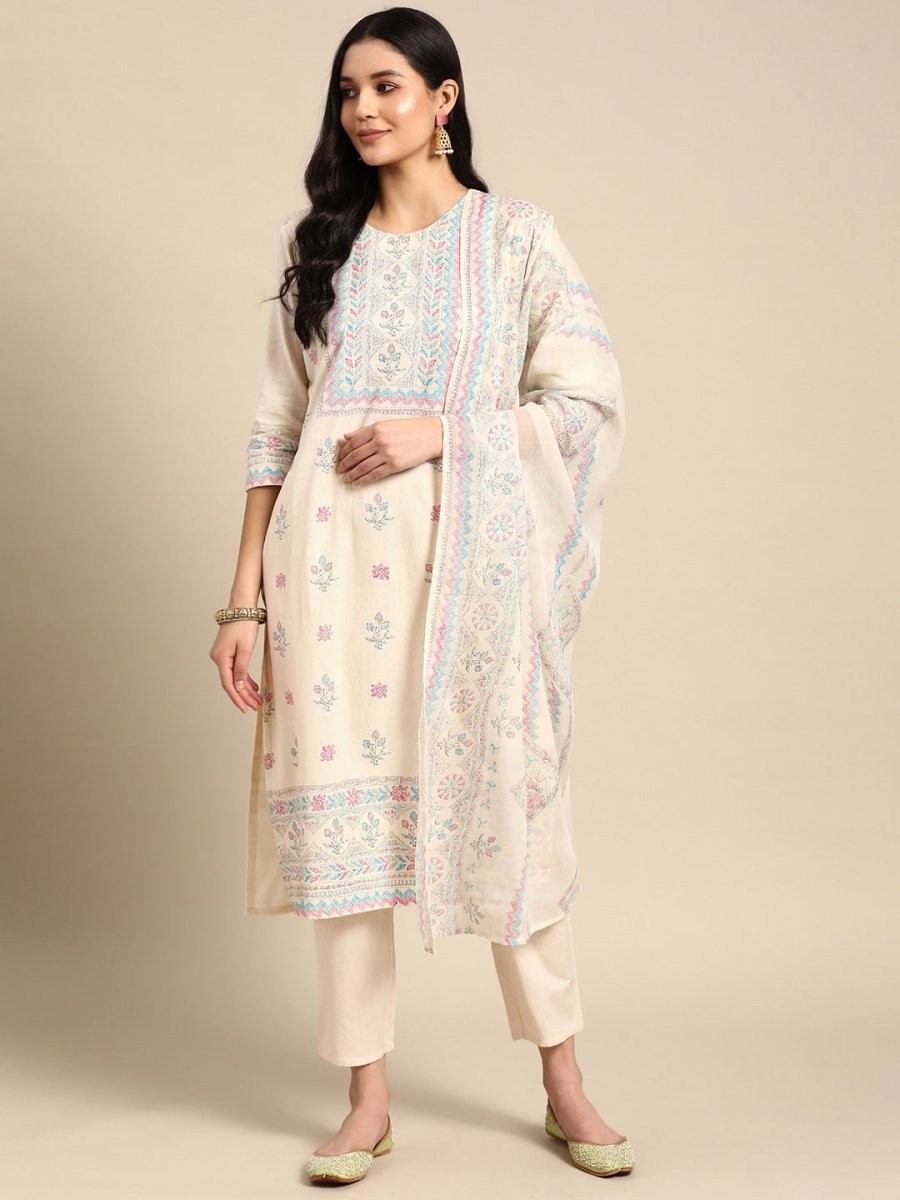 Anouk Women Floral Khari Printed Pure Cotton Kurta With Trousers & Dupatta - Distacart