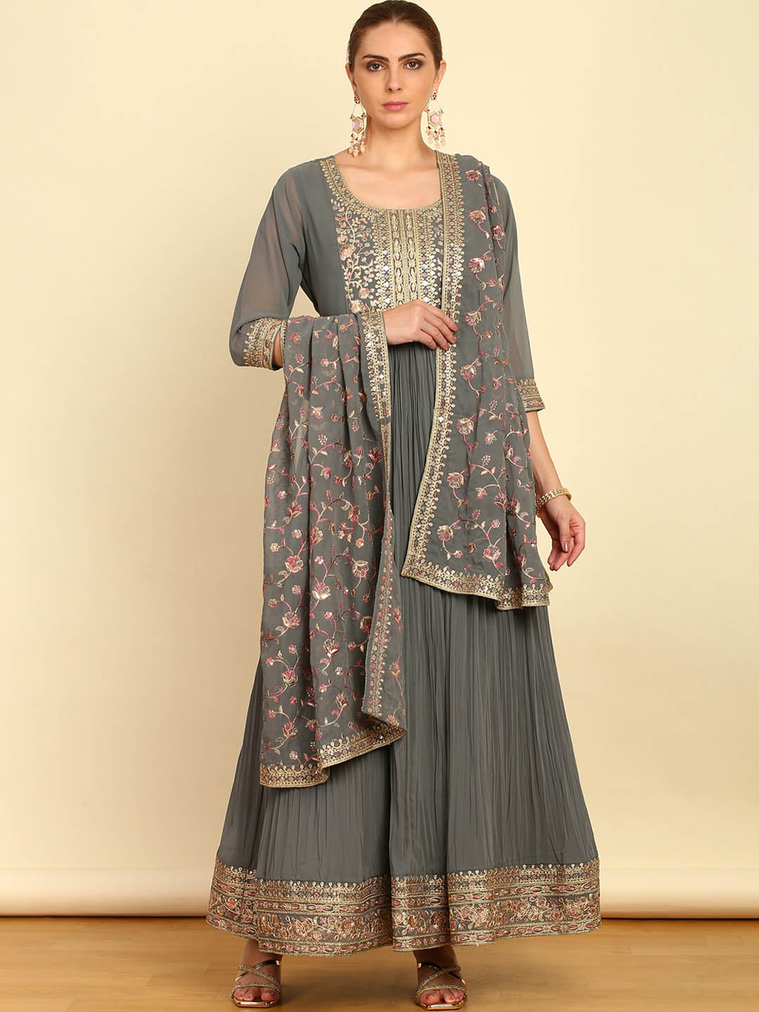 Soch Ethnic Motifs Embroidered Empire Sequinned Kurta with Churidar & Dupatta - Distacart