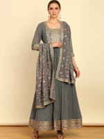Thumbnail for Soch Ethnic Motifs Embroidered Empire Sequinned Kurta with Churidar & Dupatta - Distacart