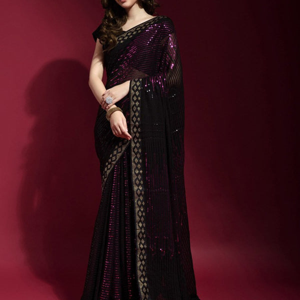 Anouk Black & Pink Embellished Sequinned Pure Georgette Saree - Distacart