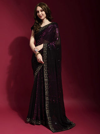 Anouk Black & Pink Embellished Sequinned Pure Georgette Saree - Distacart