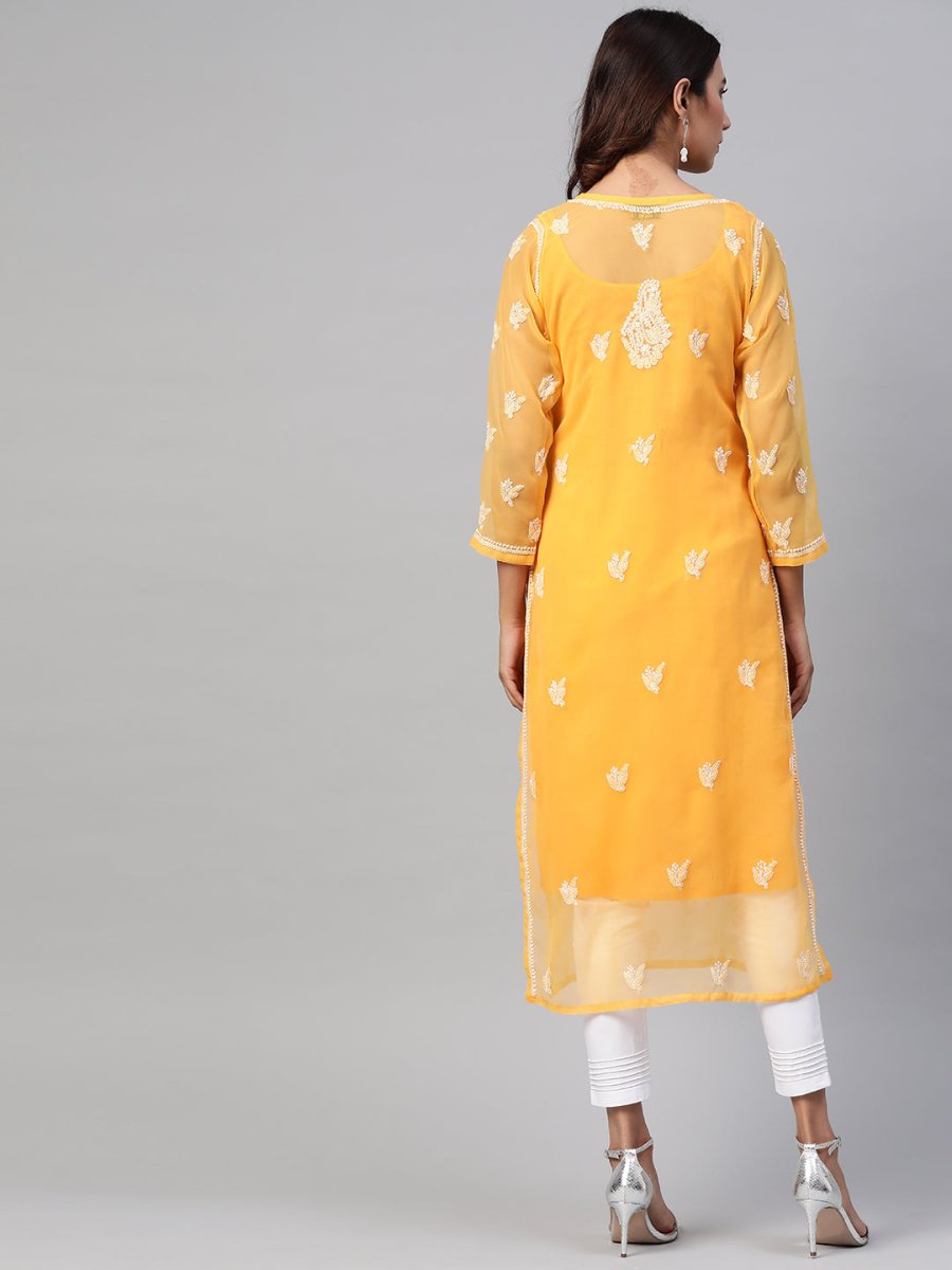 ADA Women Mustard & White Chikankari Embroidered Sustainable Kurta with Trousers & Inner - Distacart