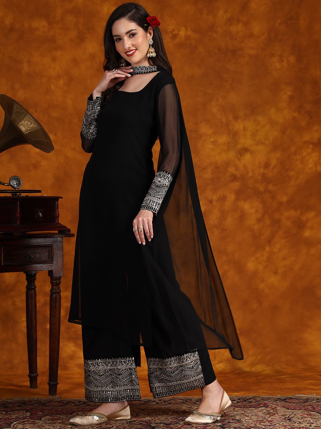 Sangria Embroidery Georgette Kurta Palazzo With Dupatta Set