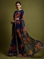Thumbnail for Anouk Navy Blue & Pink Floral Printed Embroidered Saree - Distacart