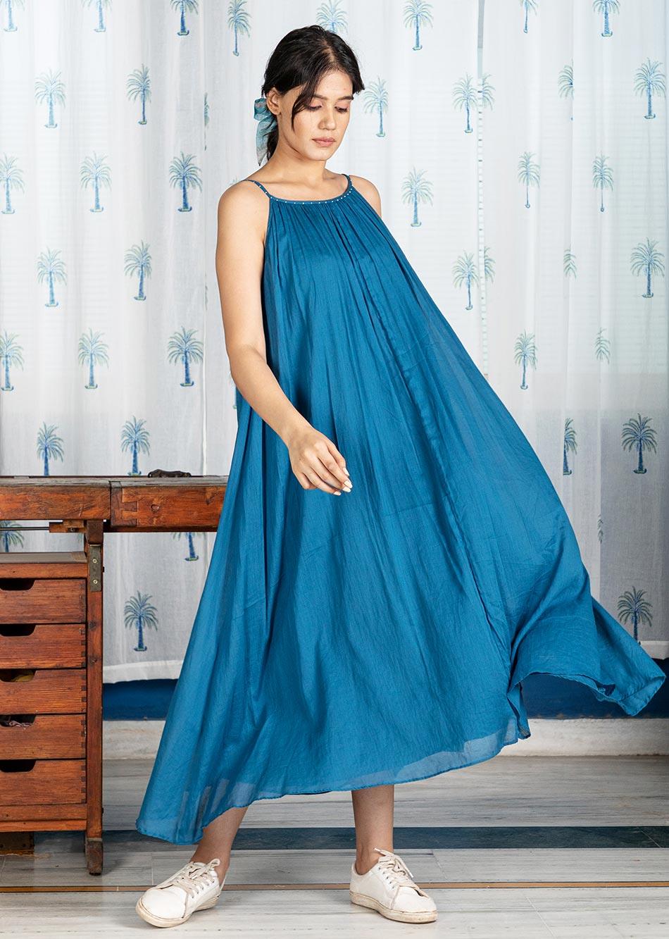 Pimu Cotton Solid Dress for Women - Teal Blue