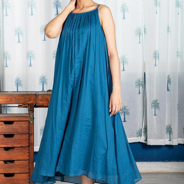 Pimu Cotton Solid Dress for Women - Teal Blue
