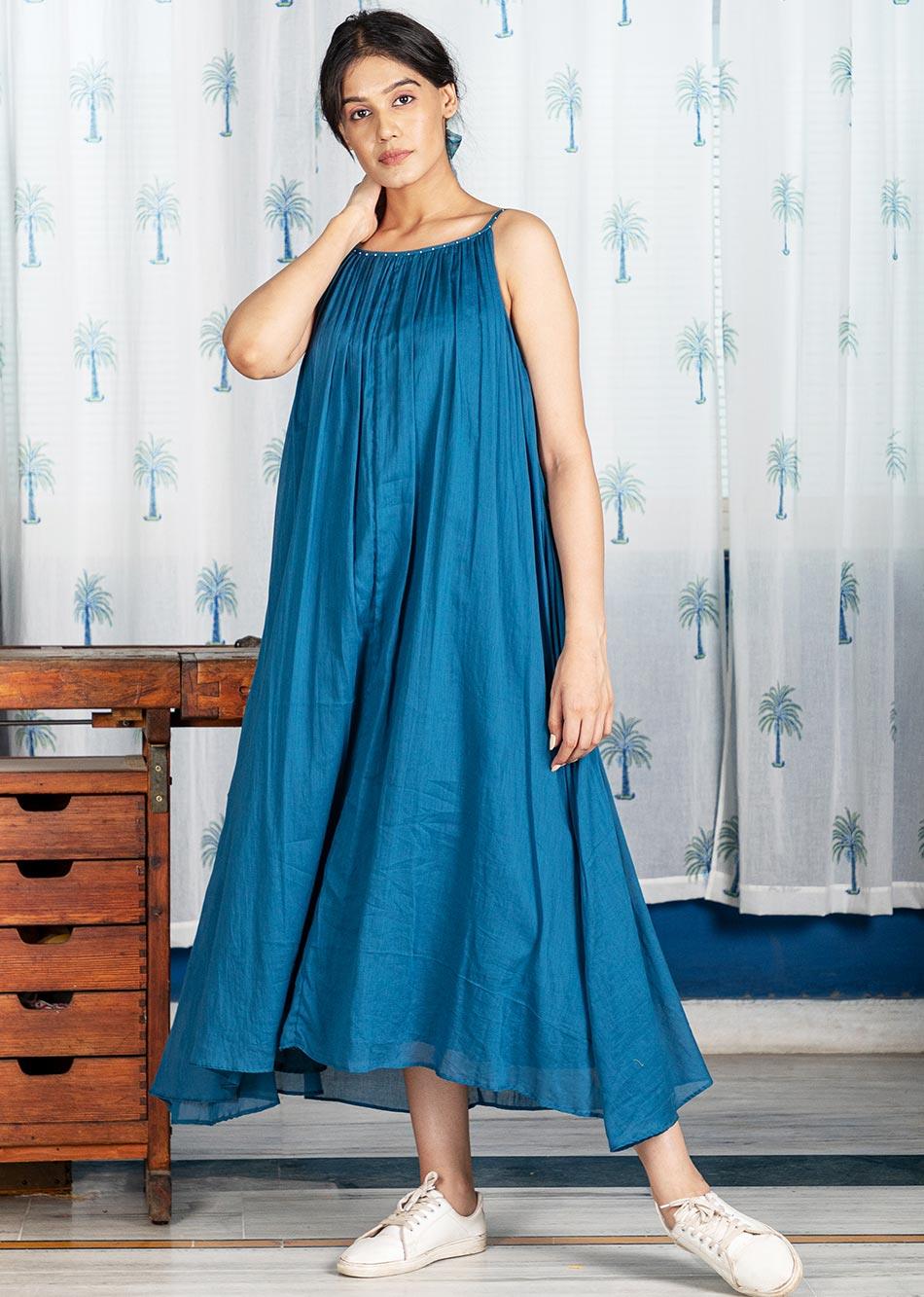 Pimu Cotton Solid Dress for Women - Teal Blue - Distacart