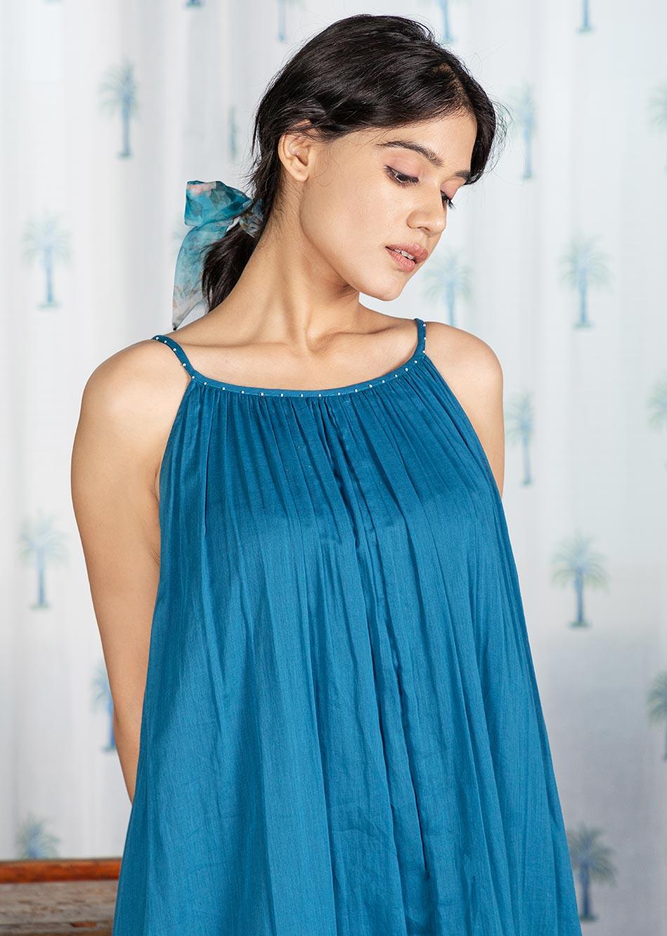 Pimu Cotton Solid Dress for Women - Teal Blue